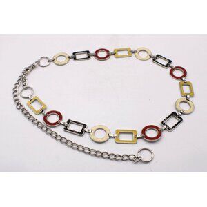 Chunky Chain Belt Enamel Accents Red Yellow Blue Cream Geo Shape Design Silver